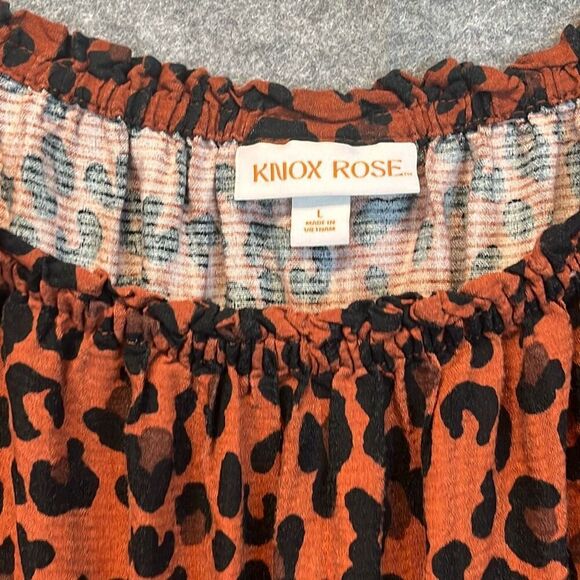 KNOX ROSE Dress Size Large Smocked Elastic Waist Animal Print Rust Large Fall - Picture 5 of 14